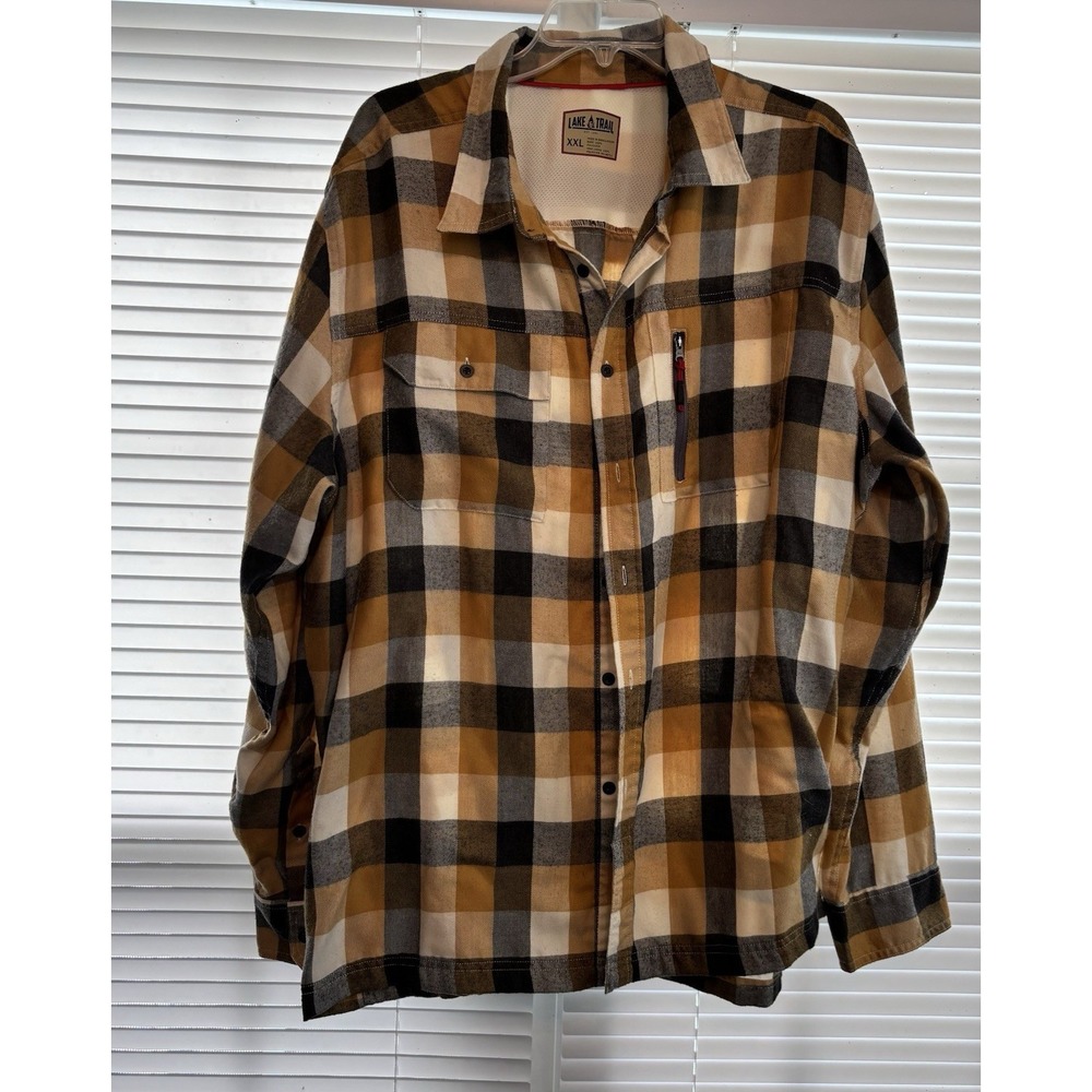 Lake Trail Shirt Mens 2XL Yellow Plaid Button Up Long Sleeve Vented Outdoor